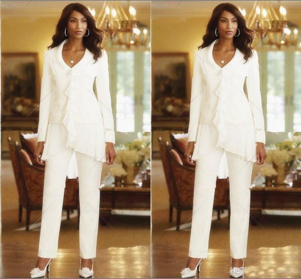 Two Pieces White Ivory 2019 Sheath Elegant Mothers Pants Suits Custom Made Ruffles Chiffon Mother of the Bride Gowns Long Sleeves
Two Pieces White Ivory 2019 Sheath Elegant Mothers Pants Suits Custom Made Ruffles Chiffon Mother of the Bride Gowns Long Sleeves