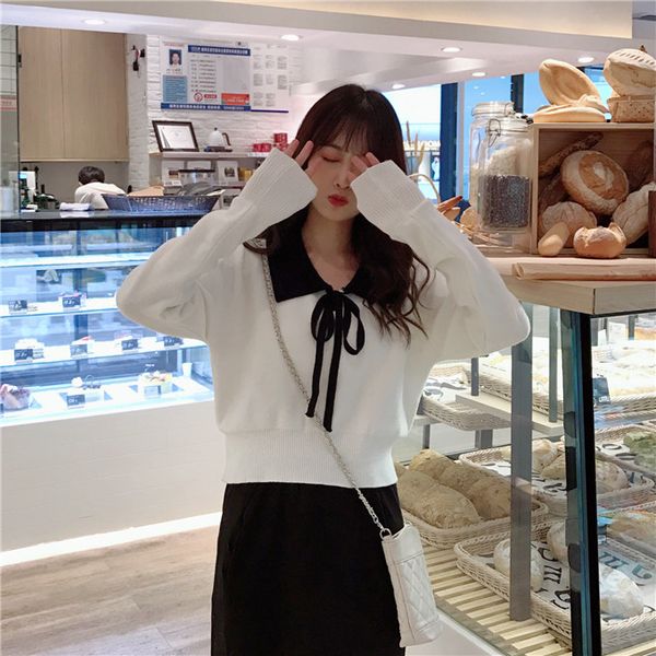 turn-down collar white computer knitted pullovers full sweet korean style women's clothing temperament spring and autumn sweater, White;black
turn-down collar white computer knitted pullovers full sweet korean style women's clothing temperament spring and autumn sweater, White;black