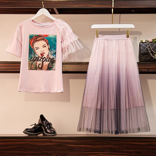 women sweet pink 2 piece set 2019 summer girl pearls character print cotton t-shirts sheer mesh gradient pleated skirt suit, White
women sweet pink 2 piece set 2019 summer girl pearls character print cotton t-shirts sheer mesh gradient pleated skirt suit, White