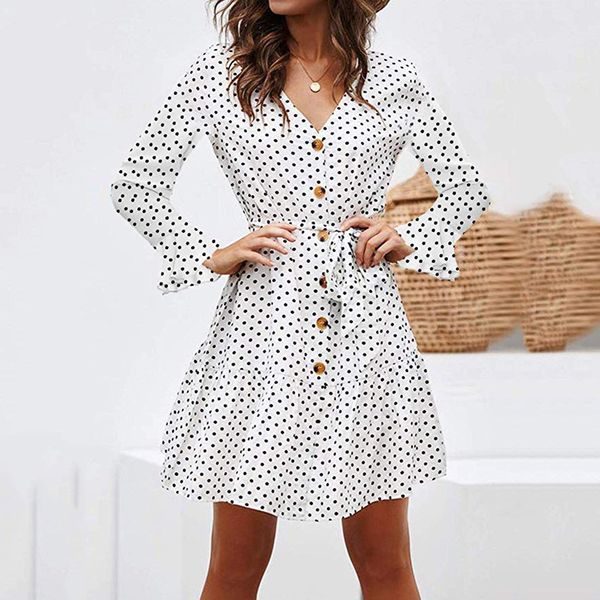 women summer beach dress casual long sleeve polka dot dress boho casual mini party elegant v neck sundress vestidos, Black;gray
women summer beach dress casual long sleeve polka dot dress boho casual mini party elegant v neck sundress vestidos, Black;gray