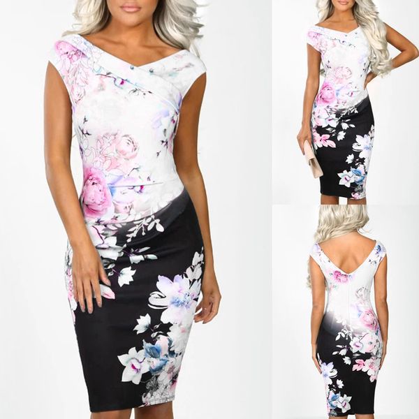 

women sheath sleeveless print dress v neck power trip multi floral print party evening bodycon midi dress, Black;gray