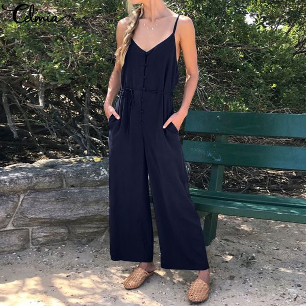 celmia plus size vintage women's jumpsuits v neck sleeveless buttons 2019 summer strap wide leg rompers beach long overalls, Black;white
celmia plus size vintage women's jumpsuits v neck sleeveless buttons 2019 summer strap wide leg rompers beach long overalls, Black;white