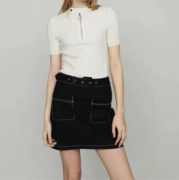 2019 spring new short sleeve women's slim knitted sweater with circular zipper, White;black
2019 spring new short sleeve women's slim knitted sweater with circular zipper, White;black