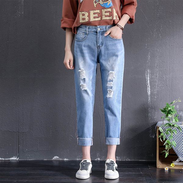 large plus size ripped boyfriend jeans high waisted baggy jeans for women cuffs ankle female elasticity denim pants, Blue
large plus size ripped boyfriend jeans high waisted baggy jeans for women cuffs ankle female elasticity denim pants, Blue