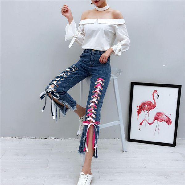 whitney wang 2020 spring fashion streetwear multicolor ribbon lacing up jeans women denim flare pants plus size jeans femme, Blue
whitney wang 2020 spring fashion streetwear multicolor ribbon lacing up jeans women denim flare pants plus size jeans femme, Blue