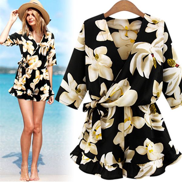 new large size women's chiffon print v neck middle sleeve jumpsuit fashion trousers skirt loose shorts rompers womens jumpsuit, Black;white
new large size women's chiffon print v neck middle sleeve jumpsuit fashion trousers skirt loose shorts rompers womens jumpsuit, Black;white