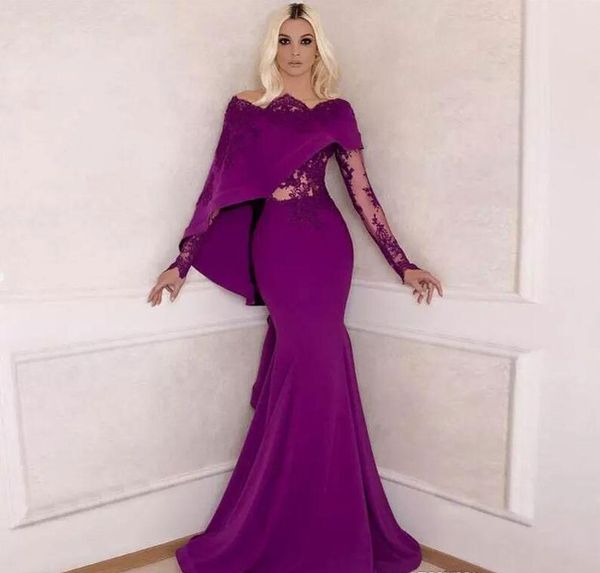 2019 new purple lace mermaid prom dresses with long sleeves scallop bateau neck evening gowns vestidos de fiesta floor length formal dress, Black
2019 new purple lace mermaid prom dresses with long sleeves scallop bateau neck evening gowns vestidos de fiesta floor length formal dress, Black