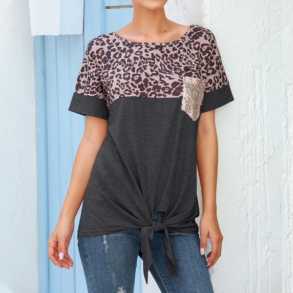 leopard printed patchwork t shirt fashion women summer casual tee shirts o neck female ladies short sleeve knotting, Black;blue 
leopard printed patchwork t shirt fashion women summer casual tee shirts o neck female ladies short sleeve knotting, Black;blue