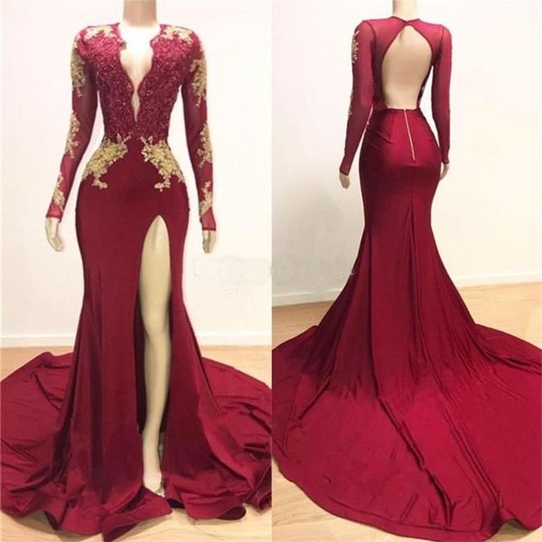 2019 red mermaid prom dresses deep v neck sheer long sleeve lace appliqued evening gowns high split beaded cocktail party dresses vestidos, Black
2019 red mermaid prom dresses deep v neck sheer long sleeve lace appliqued evening gowns high split beaded cocktail party dresses vestidos, Black