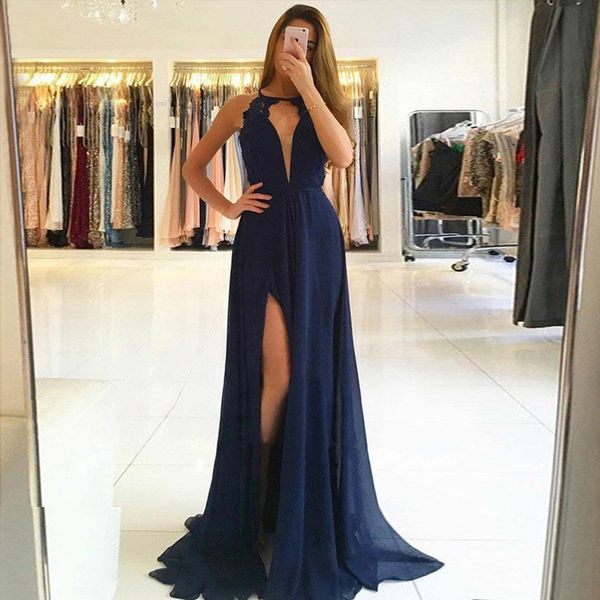 chiffon prom dresses with lace deep v neck open back party dresses dark navy side slit evening dresses evening gowns 2019, Black
chiffon prom dresses with lace deep v neck open back party dresses dark navy side slit evening dresses evening gowns 2019, Black