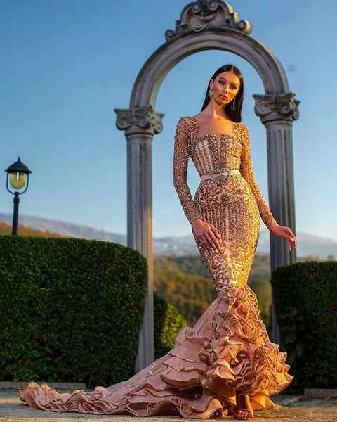 sparkly mermaid evening dresses square neck crystal beaded sequined long sleeves prom dress ruffle belt tiers sweep train formal party gown, Black;red
