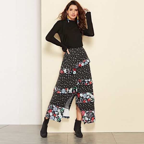 Flower Floral Print Women Skirt High Waist Ladies Shift Skirts Casual Women's Clothing Autumn Winter 2019 New Midi Skirt Vintage A37145