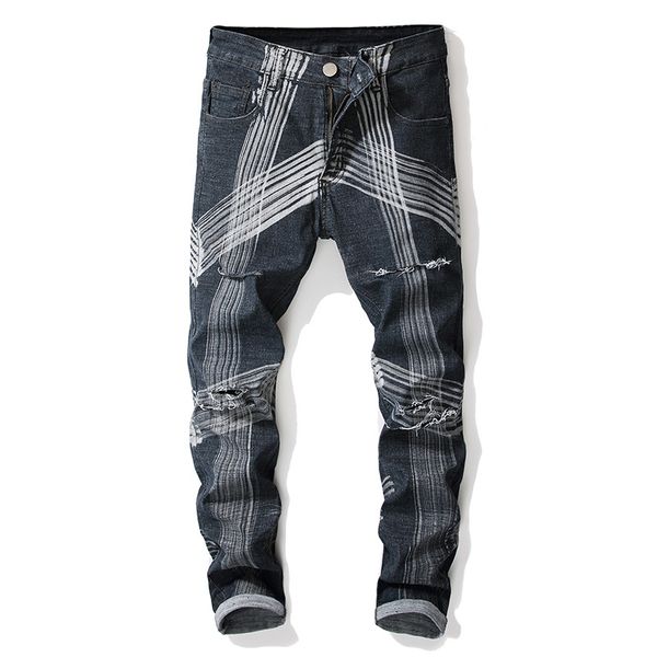 men's stretch jeans new men's line pattern original personality hole jeans large size stretch pants, Blue
men's stretch jeans new men's line pattern original personality hole jeans large size stretch pants, Blue