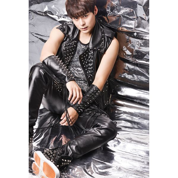 men leather jackets vest rivets punk locomotive male singer nightclub bar dj performance clothing personality three-piece set, Black
men leather jackets vest rivets punk locomotive male singer nightclub bar dj performance clothing personality three-piece set, Black
