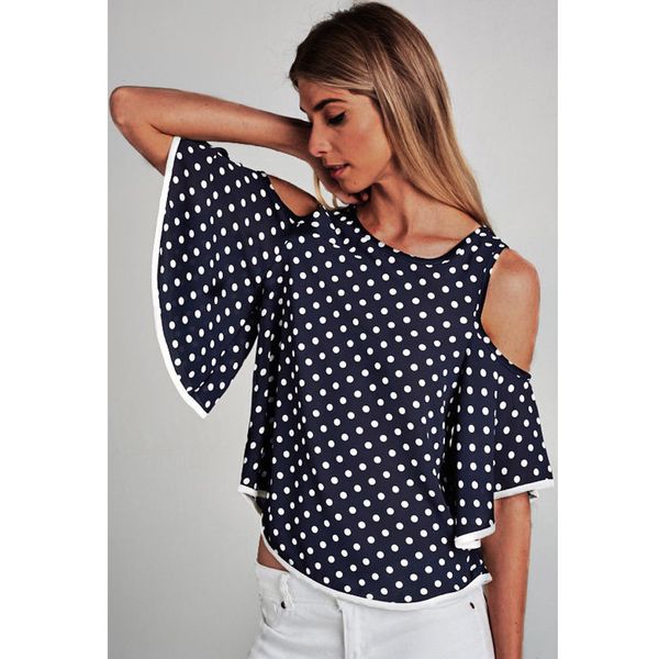 2018 new arrival women casual o-neck cold shoulder flare sleeve blouses spring summer fashion female polka dots shirts, White
2018 new arrival women casual o-neck cold shoulder flare sleeve blouses spring summer fashion female polka dots shirts, White