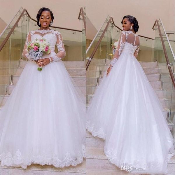 south african simple wedding dresses with long sleeves 2020 sheer appliqued tulle a line plus size bridal gowns handmade vestido de noiva, White 
south african simple wedding dresses with long sleeves 2020 sheer appliqued tulle a line plus size bridal gowns handmade vestido de noiva, White