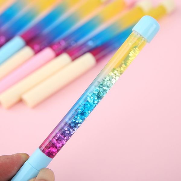 Rainbow Drift Sand Creative Ballpoint Pen Glitter Crystal Colorful Kids Novelty Stationery Gift Office Fun Release Relax Play Ball Pen 034