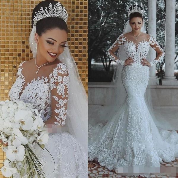 luxury appliqued beaded crystal mermaid wedding dresses long sleeves sheer neck sweep train chapel wedding gown vestido de novia, White
luxury appliqued beaded crystal mermaid wedding dresses long sleeves sheer neck sweep train chapel wedding gown vestido de novia, White