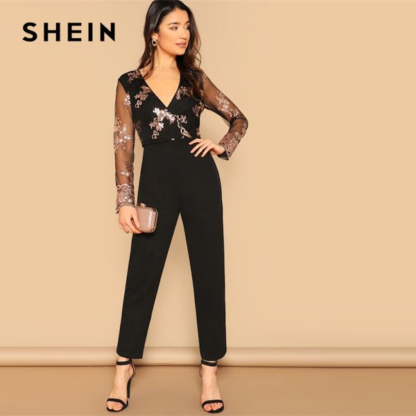 shein black contrast mesh sleeve sequin detail wrap front jumpsuit women 2019 summer highstreet club solid bodycon jumpsuits, Black;white
shein black contrast mesh sleeve sequin detail wrap front jumpsuit women 2019 summer highstreet club solid bodycon jumpsuits, Black;white