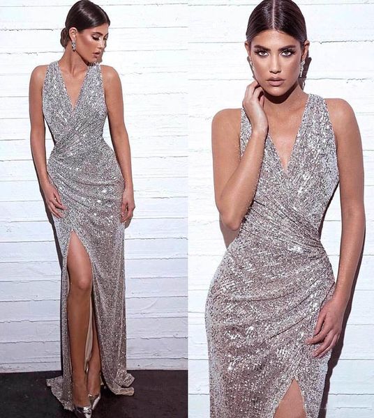 2019 reflective silver sequins prom dresses mermaid v neck split front formal evening wear gowns women pageant occasion dresses, White;black
2019 reflective silver sequins prom dresses mermaid v neck split front formal evening wear gowns women pageant occasion dresses, White;black