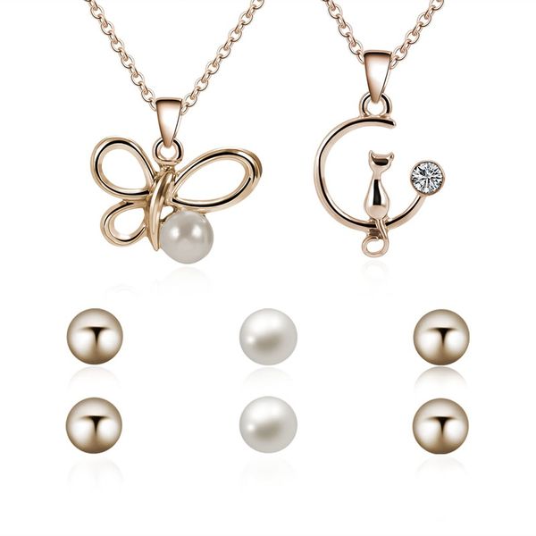 fashion jewelry cute butterfly cat double pendant necklace imitation pearls stud earrings jewelry set girl, Silver
fashion jewelry cute butterfly cat double pendant necklace imitation pearls stud earrings jewelry set girl, Silver