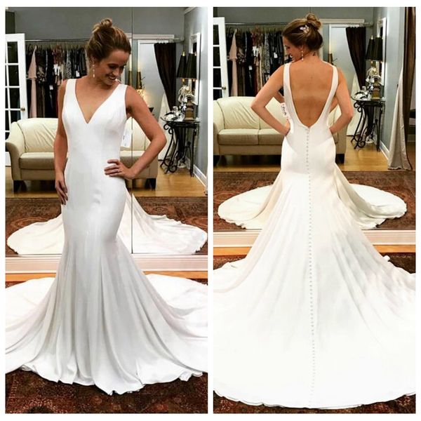 graceful v-neck sleeveless white satin wedding dresses low back trumpet style wedding dress pleated with court train mermaid wedding gowns
graceful v-neck sleeveless white satin wedding dresses low back trumpet style wedding dress pleated with court train mermaid wedding gowns