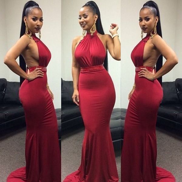 african burgundy prom dresses long mermiad high neck stretchy fabric floor length open back prom evening party gowns, Black
african burgundy prom dresses long mermiad high neck stretchy fabric floor length open back prom evening party gowns, Black