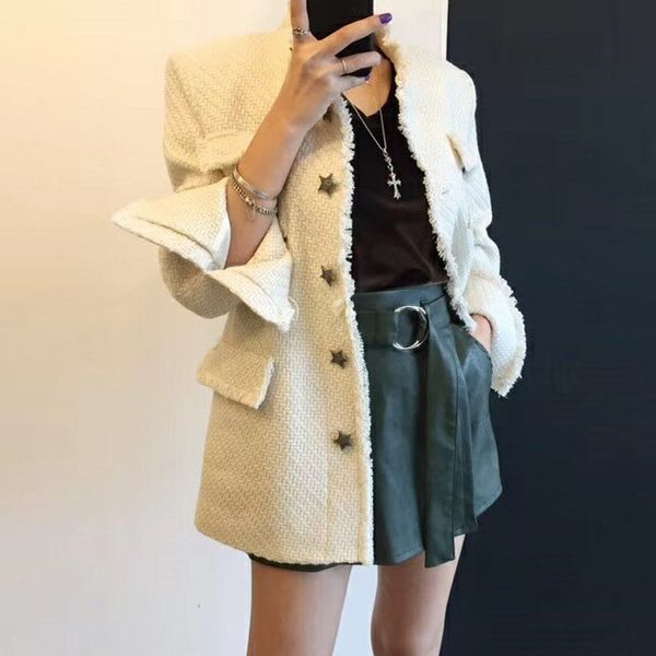 women blazer star buttons regular length solid beige white mandarin collar cover pockets full sleeve thin feshion korean, White;black
women blazer star buttons regular length solid beige white mandarin collar cover pockets full sleeve thin feshion korean, White;black
