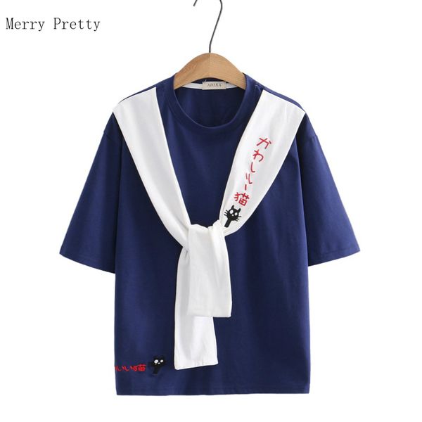 women 2020 summer cotton t-shirt cartoon cat embroidery lace up casual round neck loose short sleeve harakuju shirt female, White
women 2020 summer cotton t-shirt cartoon cat embroidery lace up casual round neck loose short sleeve harakuju shirt female, White