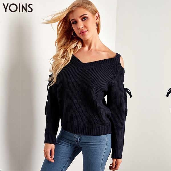 

women's sweaters yoins 2021 autumn winter clothes women sweater v-neck cold shoulder lace-up long sleeve jumper femme soft knitted pul, White;black
