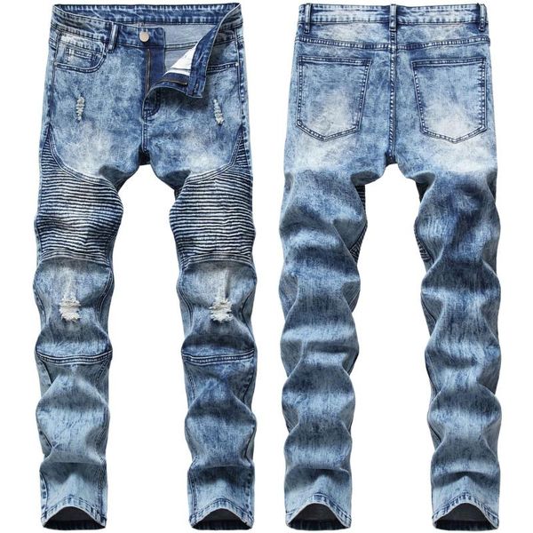 2020 new men's jeans special pleated motorcycle pants elastic slim hole men denim pants male blue moto biker straight long jeans
2020 new men's jeans special pleated motorcycle pants elastic slim hole men denim pants male blue moto biker straight long jeans