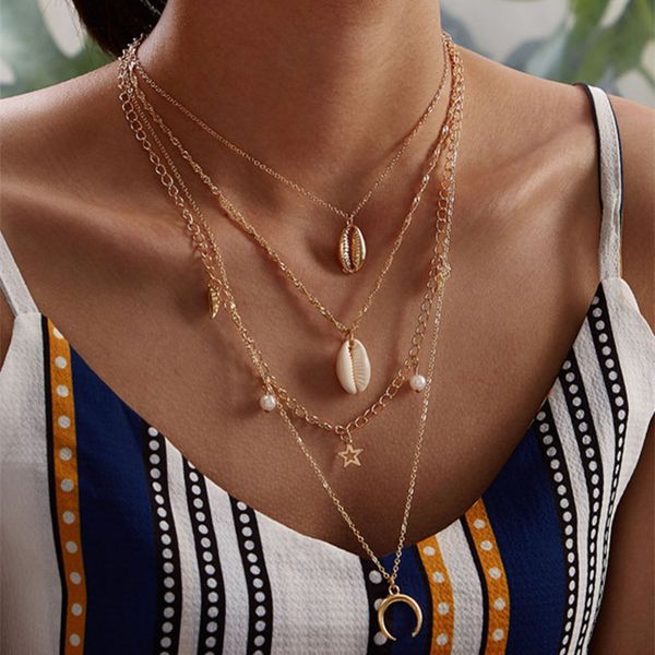bohemian vintage imitation pearl shell star pendant necklace multilayer gold moon choker necklace party jewelry gift, Silver 
bohemian vintage imitation pearl shell star pendant necklace multilayer gold moon choker necklace party jewelry gift, Silver