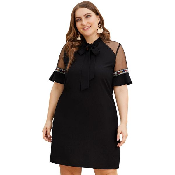 2019 summer europe and the united states new mesh yarn ribbon stitching short-sleeved a word large size women's dresses, White
2019 summer europe and the united states new mesh yarn ribbon stitching short-sleeved a word large size women's dresses, White