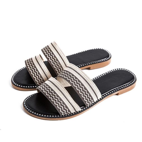 2019 summer flats shoes woman casual sneakers home slippers linen beach sandals flip flops striped hollow women indoor slipper, Black
