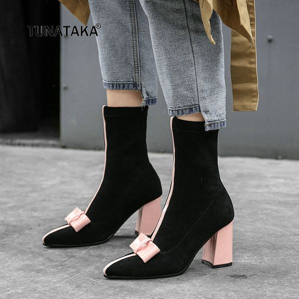 women slip on thick high heel ankle boots fashion bow knot mixed colors pointed toe fall winter shoes black pink yellow
women slip on thick high heel ankle boots fashion bow knot mixed colors pointed toe fall winter shoes black pink yellow