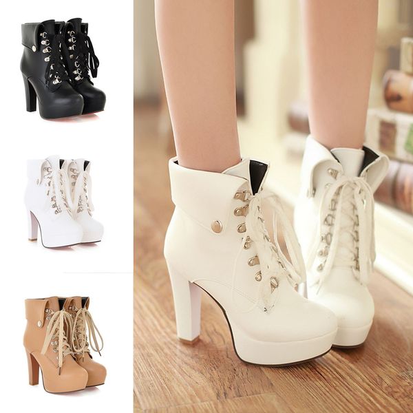 fashion female platform high heel ankle shoe vintage designer lace up round toe short boots zapatillas mujer, Black
fashion female platform high heel ankle shoe vintage designer lace up round toe short boots zapatillas mujer, Black
