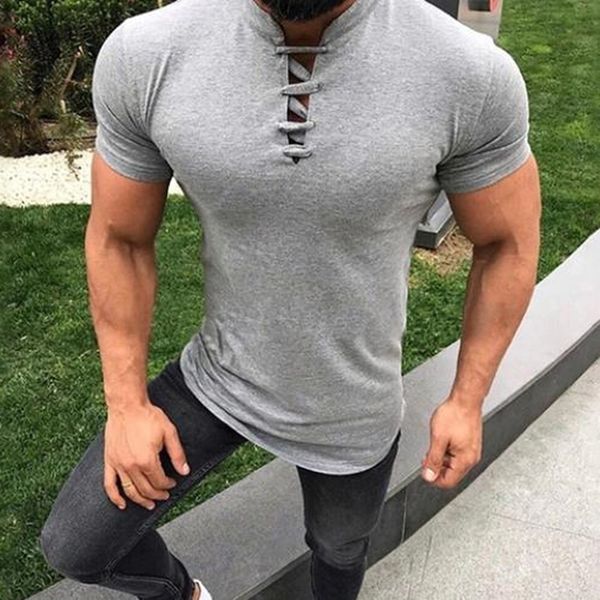 2019 summer men fitness t shirt casual for male short sleeve t-shirt summer stand collar cross lace up fitness slim men clothing, White;black
2019 summer men fitness t shirt casual for male short sleeve t-shirt summer stand collar cross lace up fitness slim men clothing, White;black