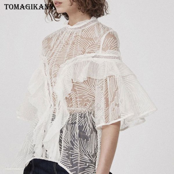women's blouses & shirts lace transparent ruffles blouse shirt women 2021 solid flare sleeve sheer feminina blusas chemise femme, White
women's blouses & shirts lace transparent ruffles blouse shirt women 2021 solid flare sleeve sheer feminina blusas chemise femme, White