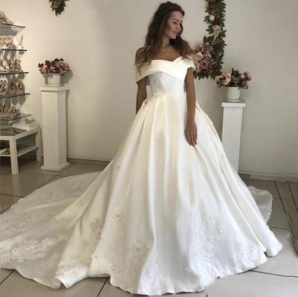 custom off shoulder lace ball gown wedding dresses 2019 with beaded appliques court train short sleeves satin wedding bridal gowns, White
custom off shoulder lace ball gown wedding dresses 2019 with beaded appliques court train short sleeves satin wedding bridal gowns, White