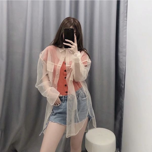 fashion brand designer women pocket decoration transparent mesh blouse long sleeve smock shirts leisure sunscreen chemise blusas, White
fashion brand designer women pocket decoration transparent mesh blouse long sleeve smock shirts leisure sunscreen chemise blusas, White