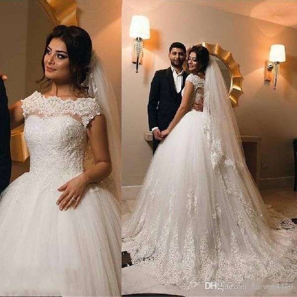 wedding dresses bateau neck lace applique beads pearls cap sleeves ruffy illusion hollow back tulle long train plus size bridal gowns, White
wedding dresses bateau neck lace applique beads pearls cap sleeves ruffy illusion hollow back tulle long train plus size bridal gowns, White