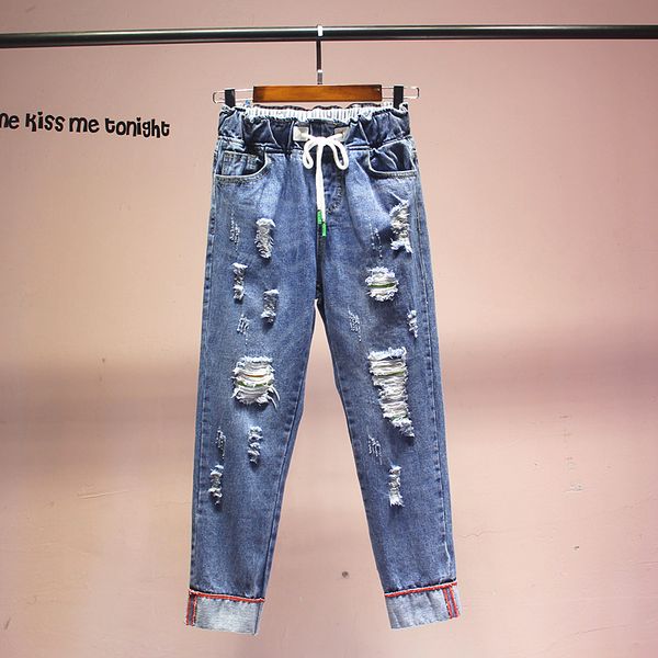 spring and summer large size grinding hole jeans female loose thin cuffed elastic waist harlan bf korean version of the pants tide, Blue
spring and summer large size grinding hole jeans female loose thin cuffed elastic waist harlan bf korean version of the pants tide, Blue