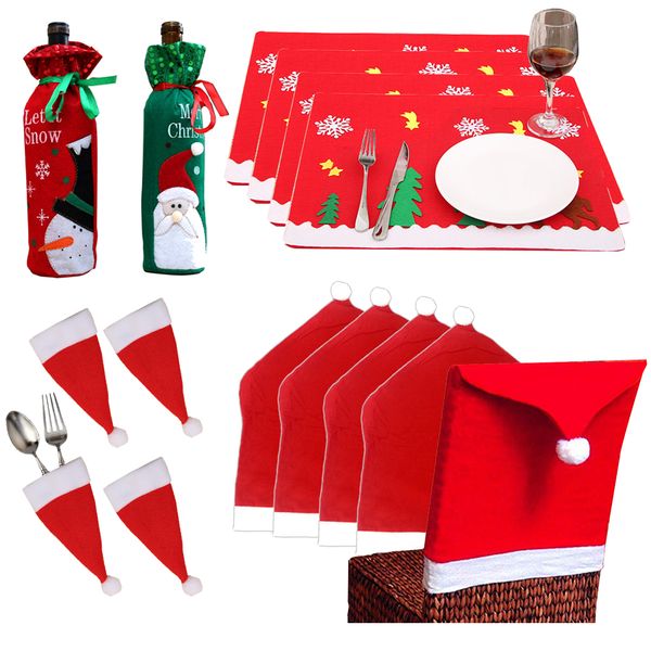 christmas dinner decorations santa claus wine bottle bags/table pads/chair covers/knife fork cutlery holders home table decors
christmas dinner decorations santa claus wine bottle bags/table pads/chair covers/knife fork cutlery holders home table decors