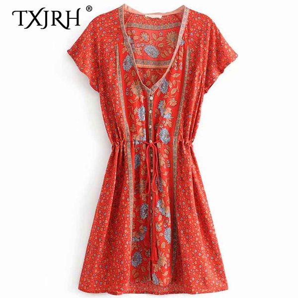 txjrh 2019 vintage bohemia ethnic red floral waist lacing up tied bow tassel short sleeve single-breasted a-line dress vestidos, Black;gray
txjrh 2019 vintage bohemia ethnic red floral waist lacing up tied bow tassel short sleeve single-breasted a-line dress vestidos, Black;gray
