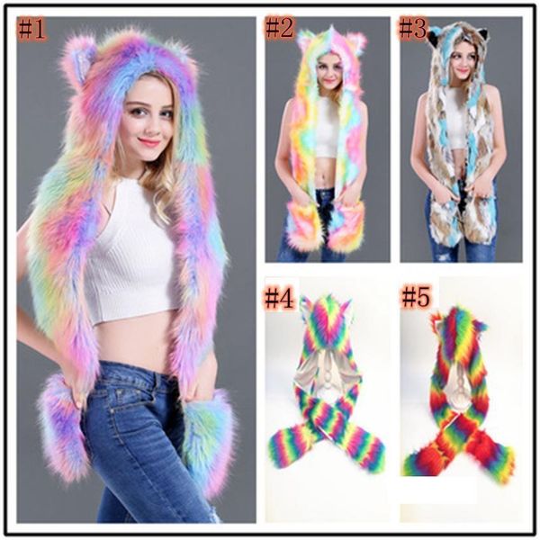 women colorful faux fur hat up hood animal rainbow hat wolf plush warm animal cap with scarf gloves party scarf mittens zza898, Blue;gray
women colorful faux fur hat up hood animal rainbow hat wolf plush warm animal cap with scarf gloves party scarf mittens zza898, Blue;gray