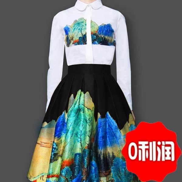 ink-wash ancient style chinese lscape national printed shirt long skirt spring summer half-length skirt pleated t4, Black
ink-wash ancient style chinese lscape national printed shirt long skirt spring summer half-length skirt pleated t4, Black