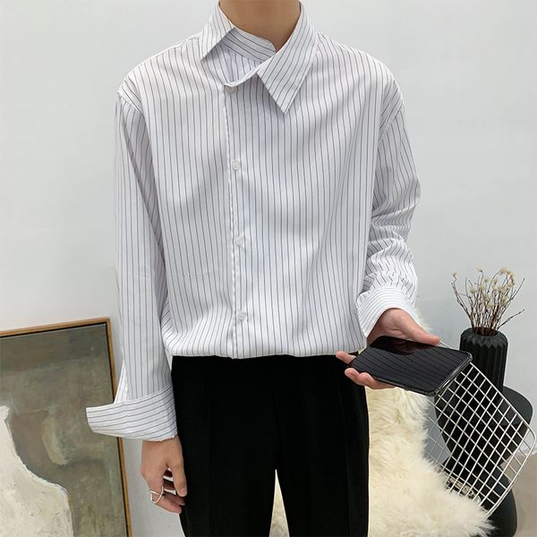 men new long sleeve crooked collar stripe casual loose shirt male vintage fashion streetwear hip hop party dress shirts, White;black
men new long sleeve crooked collar stripe casual loose shirt male vintage fashion streetwear hip hop party dress shirts, White;black