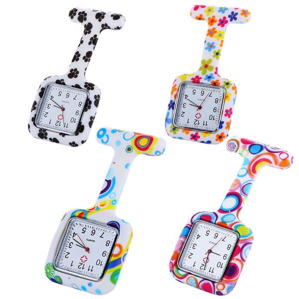 10pcs Square Face Fashion Women Ladies Nurse Pocket Watches Medical Doctor Silicone Colorful Flower Printing Watch