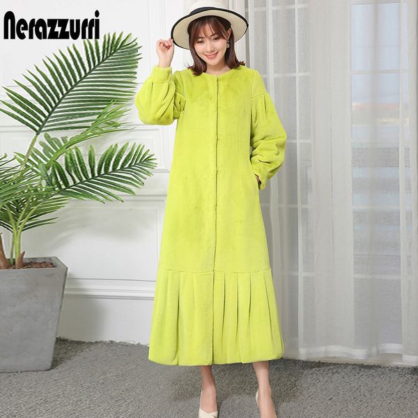 nerazzurri runway fashion 2019 women winter faux fur coat lantern sleeve pleated hem extra long furry outerwear, Black
nerazzurri runway fashion 2019 women winter faux fur coat lantern sleeve pleated hem extra long furry outerwear, Black