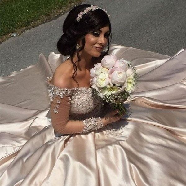 off-shoulder champagne long sleeve wedding dresses lace appliques pearls beading ball gown princess wedding dresses with lace up back, White
off-shoulder champagne long sleeve wedding dresses lace appliques pearls beading ball gown princess wedding dresses with lace up back, White